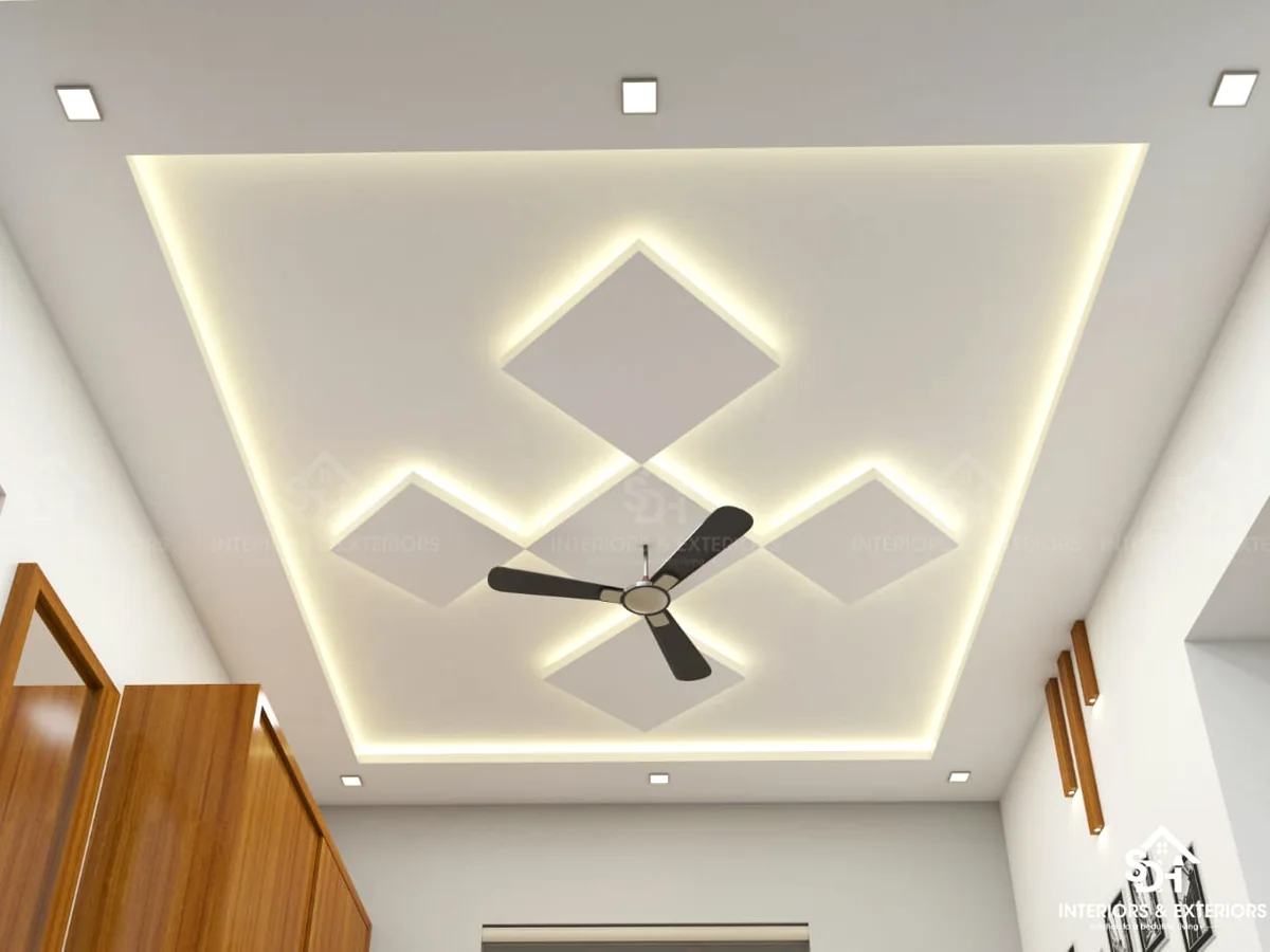 Designed false ceiling with cove lighting in a finished modern interior