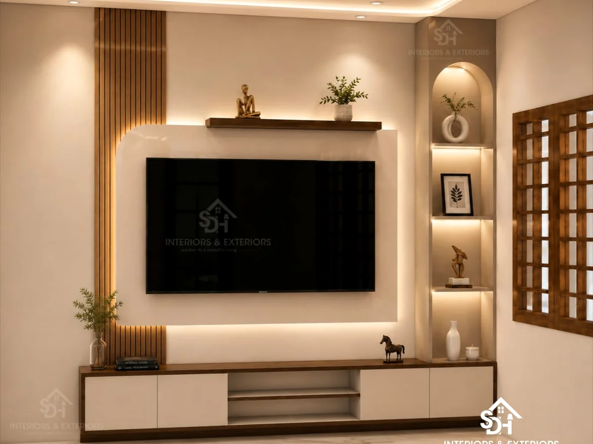 Media and entertainment wall with wood paneling and integrated lighting
